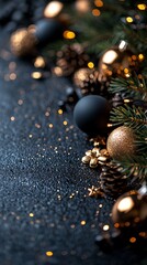 Fototapeta premium Elegant Dark Christmas Background: Gold & Black Ornaments