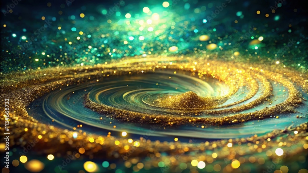Poster a swirling vortex of golden glitter illuminated by a soft, shimmering light, creating a mesmerizing 