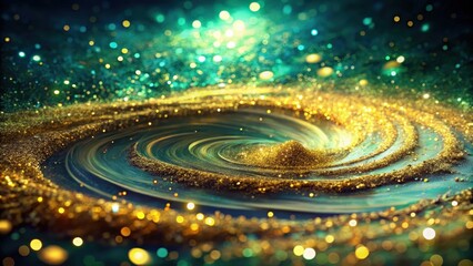 A swirling vortex of golden glitter illuminated by a soft, shimmering light, creating a mesmerizing and ethereal scene.