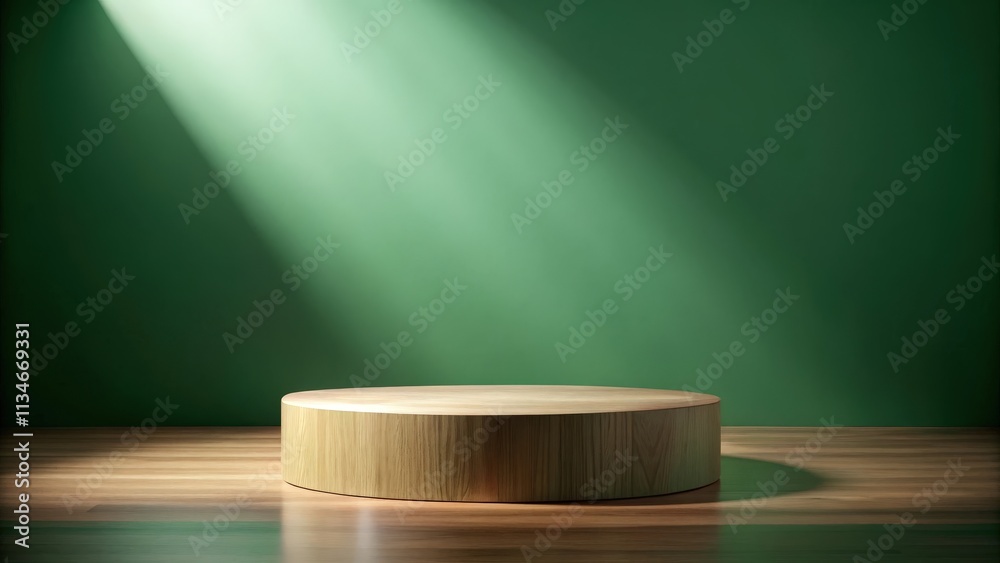 Poster a wooden platform stands in a room with a green wall and a beam of light shining down on it.