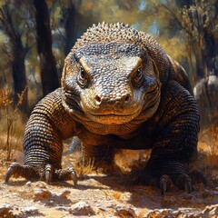 A detailed depiction of a large lizard in a natural setting.