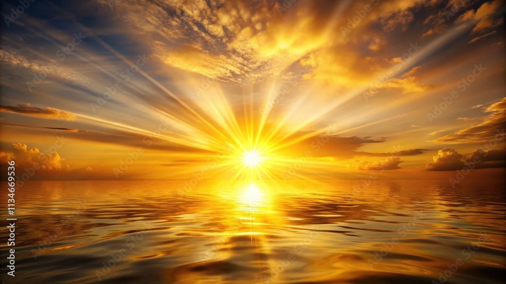 Aufkleber Golden rays of sunlight pierce through clouds, illuminating a vast expanse of water, creating a mesmerizing reflection of the celestial spectacle.