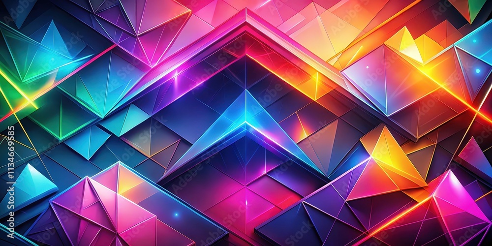 Poster abstract geometric composition of interlocking triangles with vibrant neon lights and reflective sur