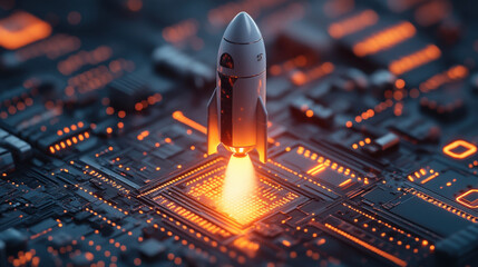 Rocket launching from circuit board with glowing lights