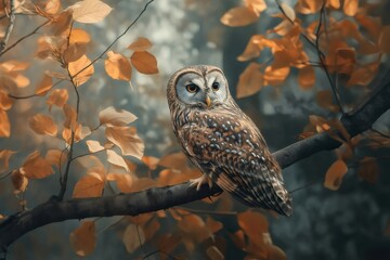 Beautiful owl resting on a tree branch amidst colorful autumn foliage, creating a serene and captivating nature scene