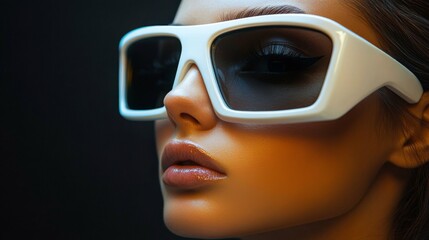 Close-up of a woman wearing oversized white sunglasses