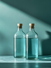 Two Glass Bottles Filled With Water Against A Teal Background