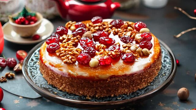 A close-up of a traditional Chinese New Year cake topped with vibrant red dates and nuts, symbolizing good luck and unity