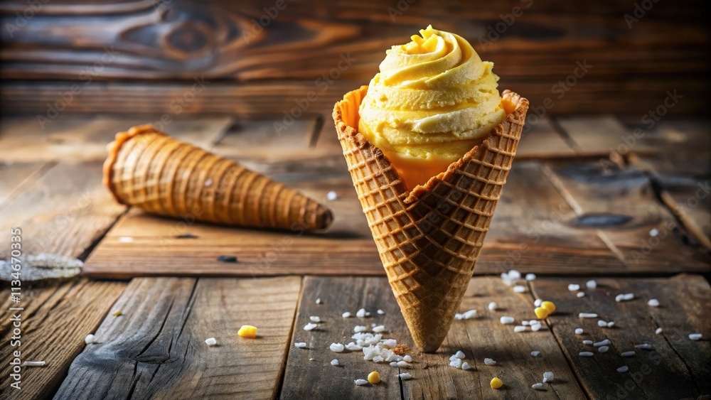 Poster A single scoop of ice cream rests in a crisp waffle cone, perched precariously on a rustic wooden surface, scattered with tiny sprinkles and a hint of melted sweetness.