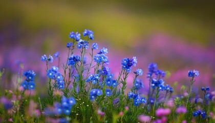 Fototapeta premium Vivid Blue Flowers Bloom in a Field of Purple