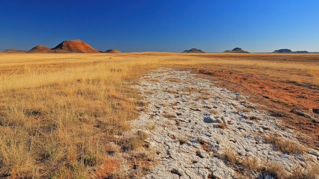 Saline soil white crusty surface, high salt content, poor water absorption, found in arid and coastal regions, cracked earth texture, dry barren landscape