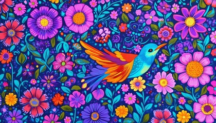 Obraz premium Vibrant Hummingbird Soaring Amidst Colorful Flowers