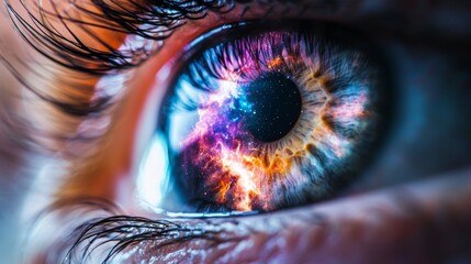 Close-up of a vibrant multicolored eye with glowing highlights