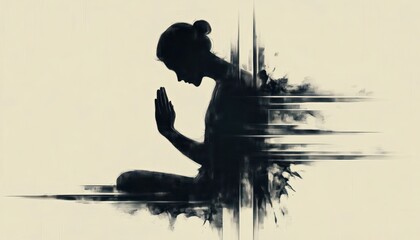 Silhouette of a Man Praying in Front of a Cross with Dynamic Motion Blur in Minimalistic Style