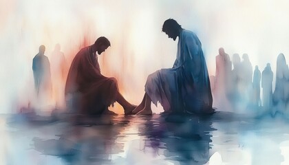Washing of the Feet by Jesus Christ Holy Thursday New Testament Watercolor Biblical Illustration