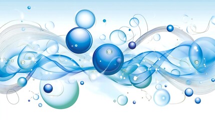 Abstract design featuring blue bubbles and flowing ribbons