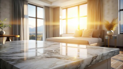 Sunlight reflecting on a sleek marble countertop in a modern living room with a blurred background of a couch and window