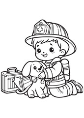 Firefighter safe cute dog coloring page design 