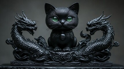 Black Cat Figurine Adorned With Twin Dragons