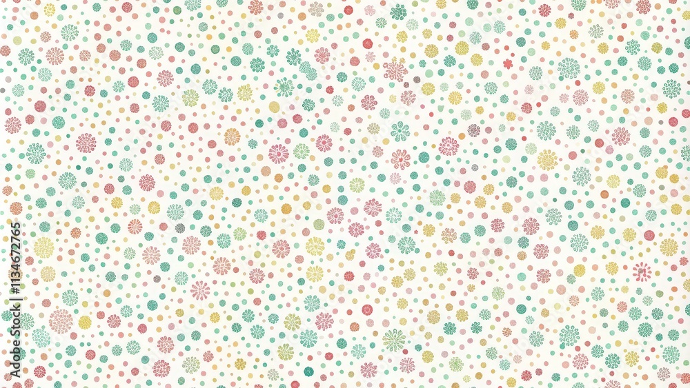 Poster abstract seamless pattern with pastel colored polka dots and flowers on a white background