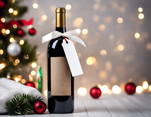 Christmas gift pack with wine and bokeh lights on background, gift tag mockup illustration