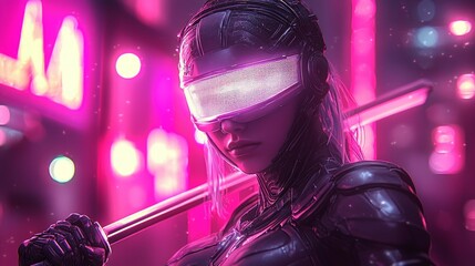 Lady Justice stands powerful in futuristic courtroom donning high tech armor glowing accents. She holds neon lit scales and holographic sword against dynamic city backdrop.
