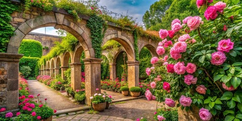 Obraz premium Architectural Beauty of a Serene Garden with Pink Wild Roses, Showcasing Lush Greenery and Elegant Structures in Harmony with Nature