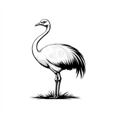 A detailed black and white illustration of a rhea standing in grass.