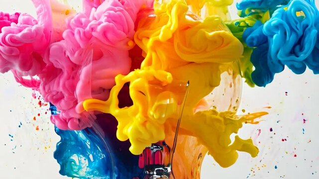 A vibrant splash of colorful paint emerging from a lightbulb, symbolizing a burst of creative ideas, isolated on a clean white background.