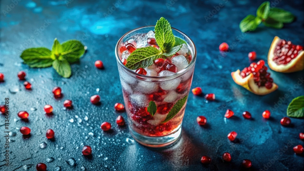 Poster refreshing pomegranate and mint drink with ice cubes on a blue background