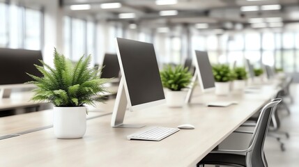 Fototapeta premium Modern office space with sleek computers and green plants enhancing productivity and a calming atmosphere. Ideal for work, collaboration, and creativity.