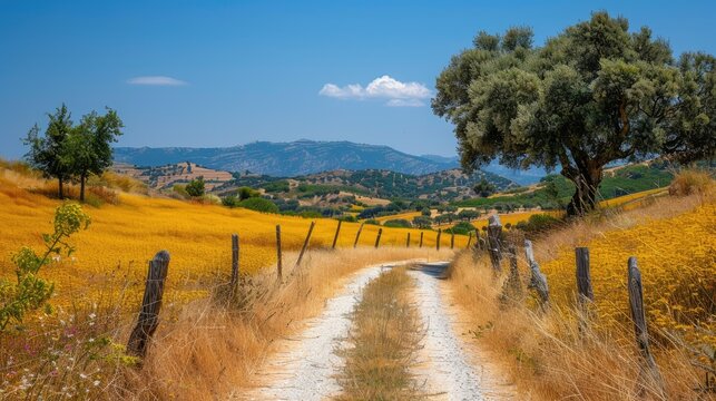 A serene dirt path through golden fields and green hills under a clear blue sky.