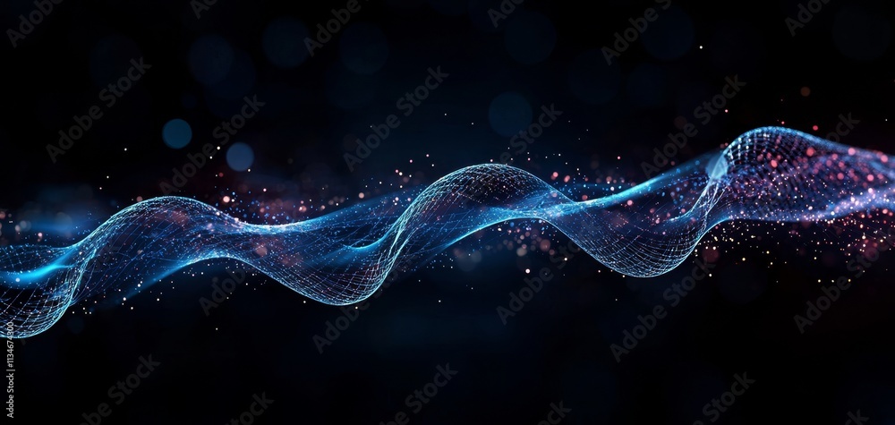 Poster a vibrant wave of blue light and particles flows through a dark backdrop, creating a dynamic and mes