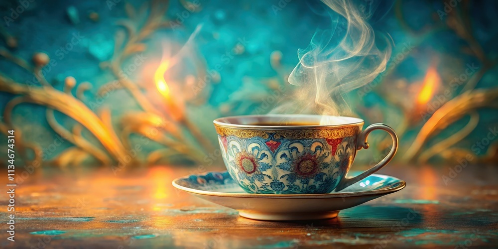Poster A steaming cup of tea with intricate floral patterns against a background of soft light and golden swirls.