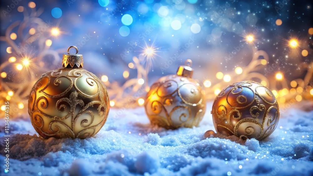 Poster sparkling christmas baubles adorned with delicate golden patterns resting in a bed of fresh snow wit