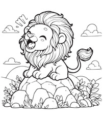 Coloring page education kid lion roaring on a rock