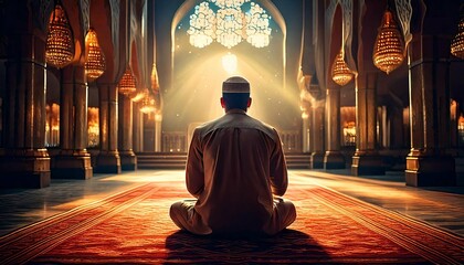 a person engaged in prayer inside a mosque during the sacred month of Ramadan. Generative AI
