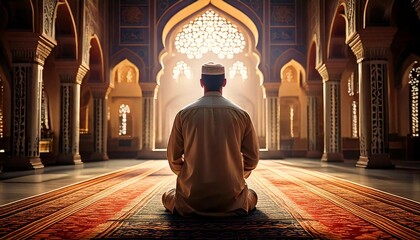 a person engaged in prayer inside a mosque during the sacred month of Ramadan. Generative AI