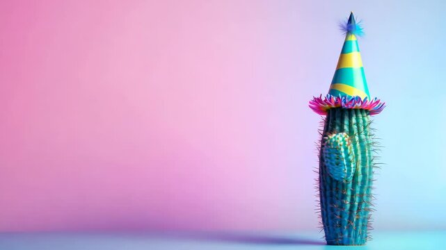 A whimsical illustration of a floating cactus wearing a colorful party hat, concept of quirky creativity, isolated on a bright pastel backdrop.