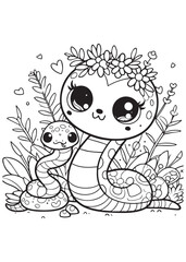 Coloring page cute snake family in grass illustration