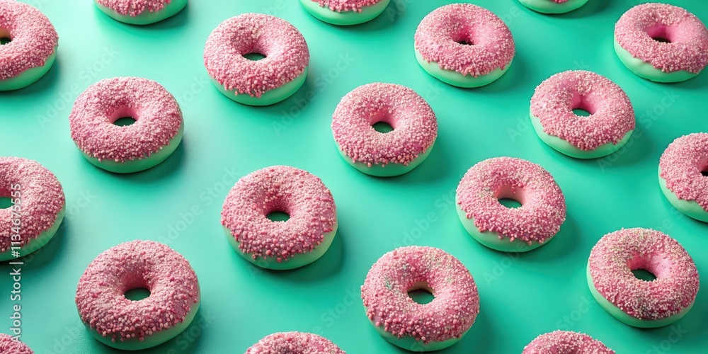 Poster a symphony of pink and green sprinkled donuts arranged in a repeating pattern, a delightful visual f