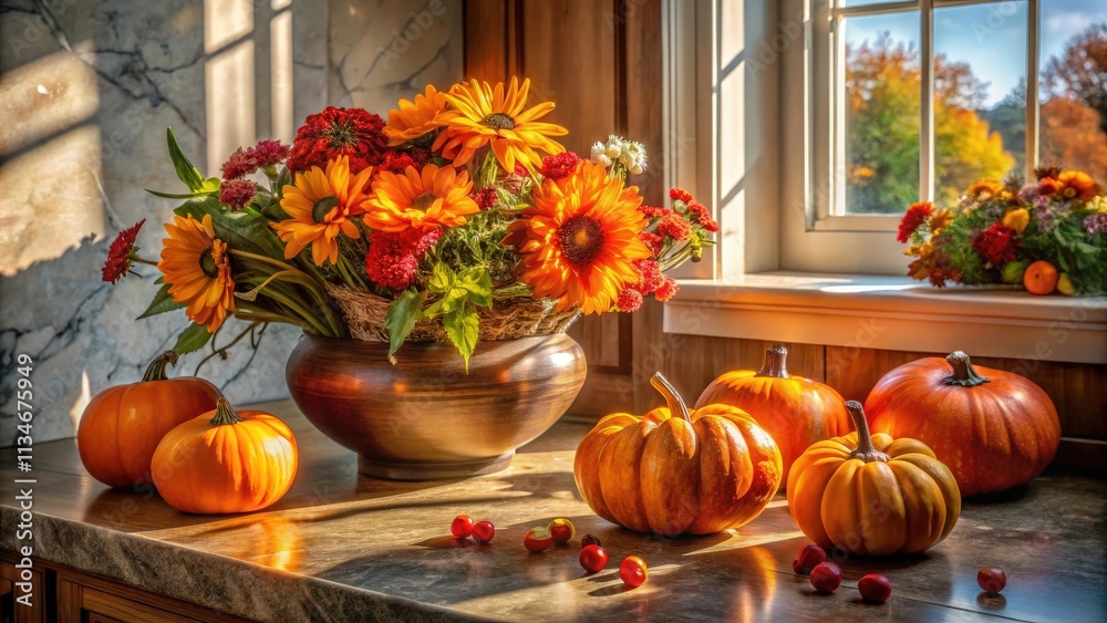 Poster autumnal still life with sunbeams illuminating a windowsill display of pumpkins and a rustic vase fi