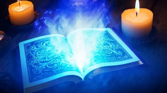 Open spell book with glowing pages. The glowing pages of the spell book shimmer with mystical energy, inviting viewers to delve into a world of magic.