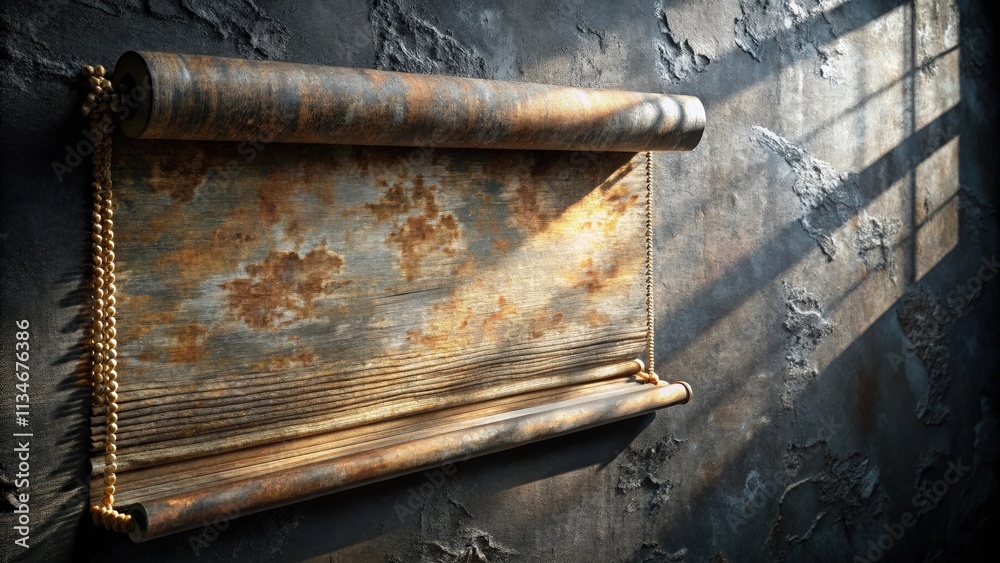 Poster A weathered wooden scroll hangs on a textured wall, illuminated by the soft glow of sunlight filtering through a nearby window.