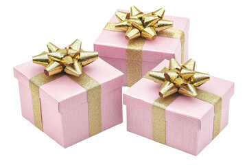 Fototapeta premium Pink Gift Boxes with Gold Ribbons Isolated on PNG Transparent Background