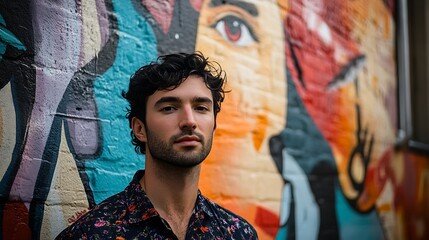 Fototapeta premium Young Man Posing Against Vibrant Graffiti Wall