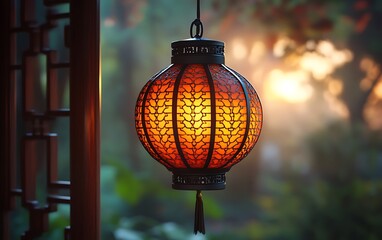 Red Lantern Hanging in a Traditional Temple