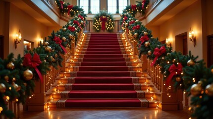 Fototapeta premium Grand Staircase with Garlands, Ribbons, and Fairy Lights