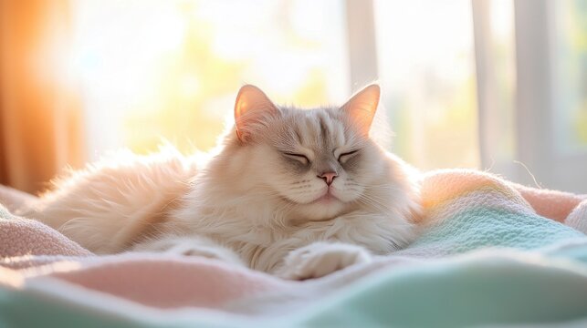 White cat lounging on pastel blanket with warm sunlight