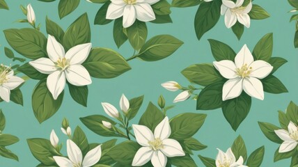 White Lilies with Green Leaves in a Botanical Pattern